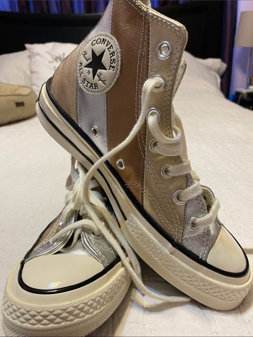 Converse unisex Metallic Silver and Tan High Top Sneakers